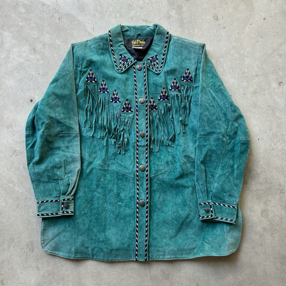 Bob Mackie Wearable Art Teal Suede Fringe Western Jacket Embroidered Plus 1X